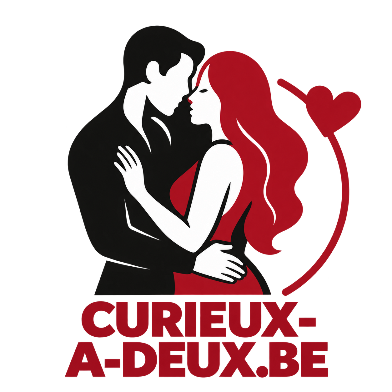Logo rouge et noir Curieux-a-Deux.be représentant un couple enlacé