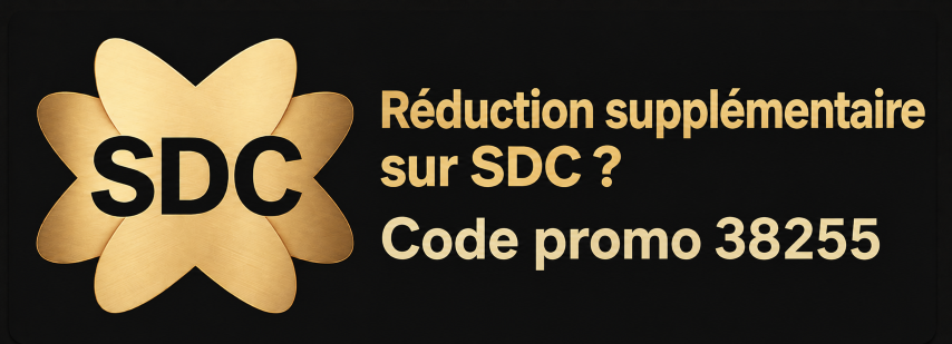 Bannière SDC Benefits mentionnant le code de réduction 38255